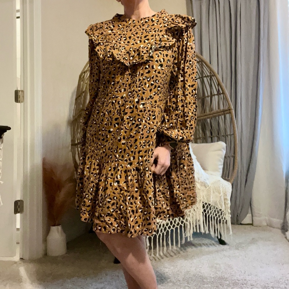 Eloquii Leopard-Print Ruffle Long-Sleeve Dress